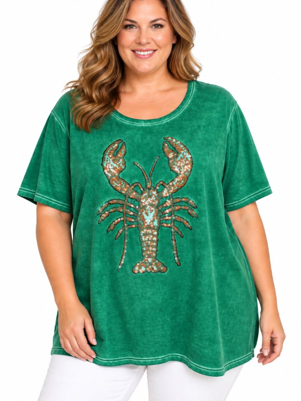 Ulla Popken Plus Size 32/34 Green Sequin Lobster Graphic Tunic Tee (US 4X) 32/34
